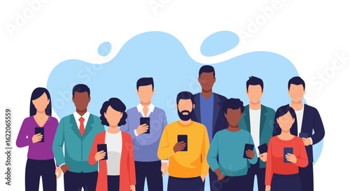 Diverse group of people using smartphones, perfect for website banners, app interfaces, or social media posts.