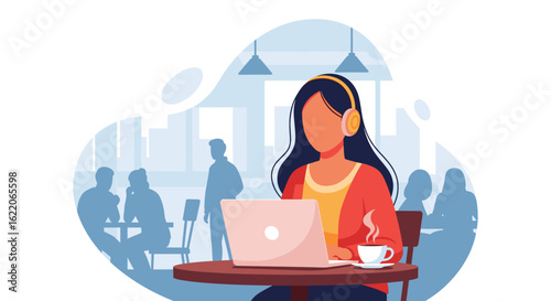 Woman working on laptop in cafe, perfect for website banners or blog posts about remote work.