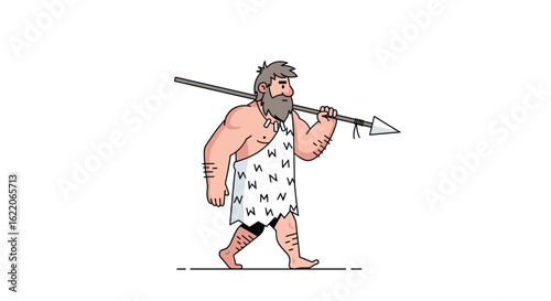 Prehistoric hunter carrying a sharpened spear on his shoulder walking across an open field towards the right