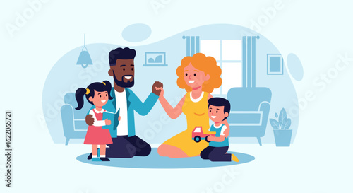 Happy family spending quality time together at home. Perfect for family blogs, websites, and parenting resources.