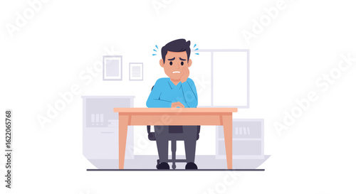 Worried businessman sitting at his desk, perfect for illustrating stress, anxiety, or workplace challenges in presentations or articles.