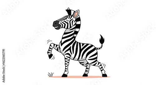 A playful zebra kicking up dust with a joyful stance and energetic movement