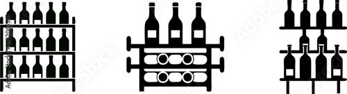 Three wine racks showcasing various bottle arrangements in a simple black silhouette design.