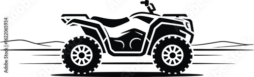 Black and white illustration of an all terrain vehicle in a desert landscape
