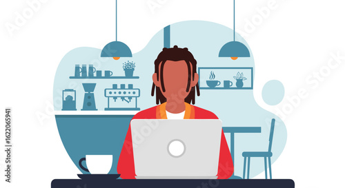 Person working on laptop in a cafe, perfect for website banners or social media posts.