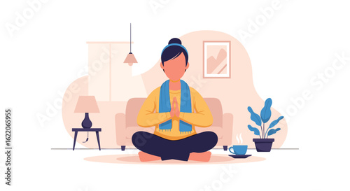 Woman meditating at home, perfect for wellness websites or brochures.
