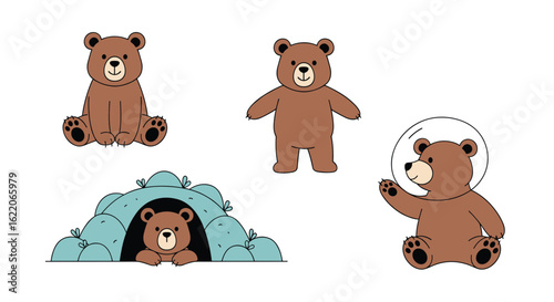 Adorably cute brown bears enjoying different activities in various poses and environments