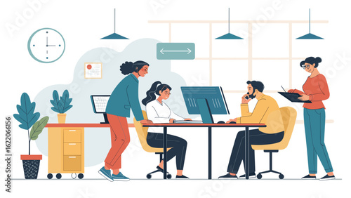 Diverse team collaborating in a modern office, ideal for website banners or business brochures.