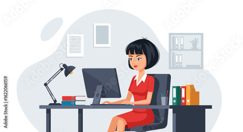 Young businesswoman working on computer in modern office. Perfect for websites, brochures, and marketing materials.