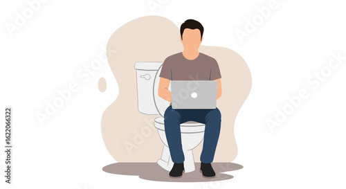 Man working on laptop while sitting on toilet - Illustration for articles about work-life balance, remote work challenges, or humor.