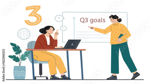 Two businesswomen discussing Q3 goals. Illustration perfect for presentations, reports, and website landing pages.