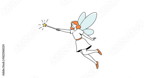 A delicate fairy with transparent wings holds a sparkly wand extending from her arm casting a magical glow