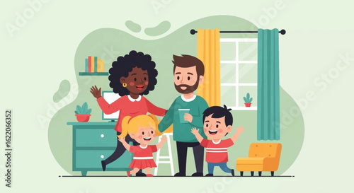 Happy diverse family at home, perfect for family blogs, websites, or brochures.