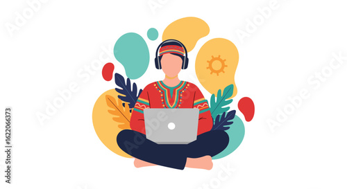 Person working on laptop, vector illustration for blog, website or app