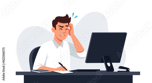 Illustration of stressed businessman at desk, perfect for websites and articles about workplace stress.