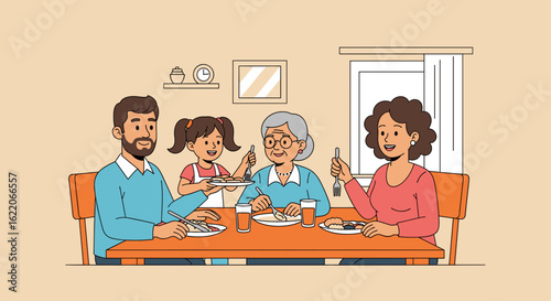 Happy multigenerational family enjoying a meal together at home. Perfect for family, food, and togetherness themes.