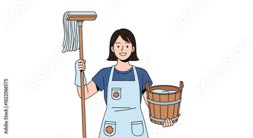 Professional cleaner with mop and bucket ready for a sparkling home transformation service