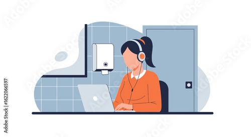 Woman working on laptop in restroom, perfect for articles on work-life balance or remote work.