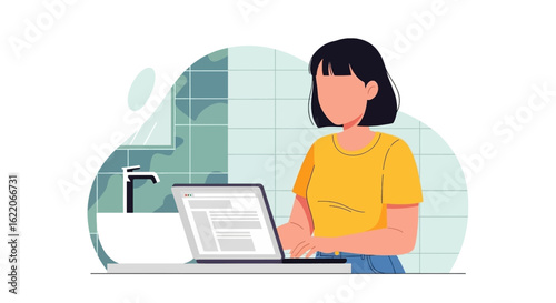 Woman working on laptop in bathroom, perfect for blog posts about remote work or work-life balance.