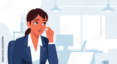 Thoughtful businesswoman in office, perfect for websites, presentations, or articles about business challenges.
