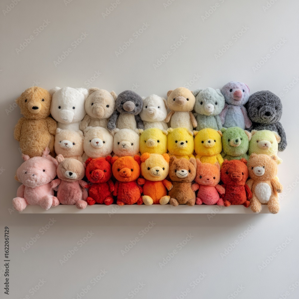 Fototapeta premium Colorful Collection of Plush Stuffed Animals on a Shelf Display
