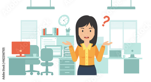 Confused businesswoman in office, perfect for websites, presentations, or articles about workplace stress or uncertainty.