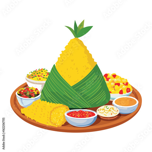 Traditional Yellow Rice Meal with Chicken and Vegetables - Vector Illustration