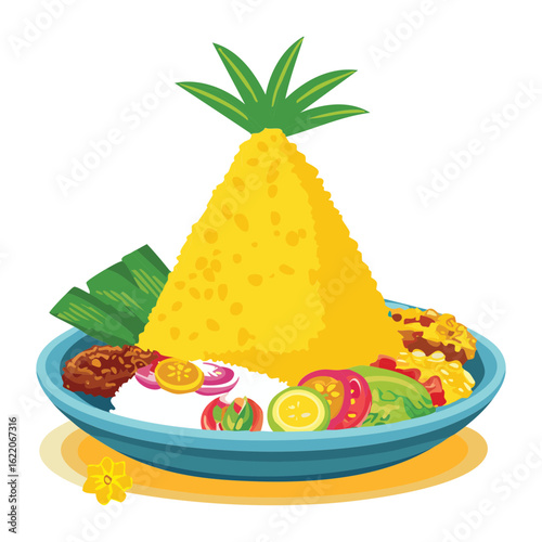 Traditional Yellow Rice with Festive Accompaniments - Vector Illustration