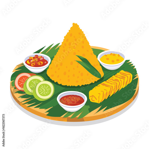 Yellow Rice Dish with Accompaniments and Lime - Vector Illustration