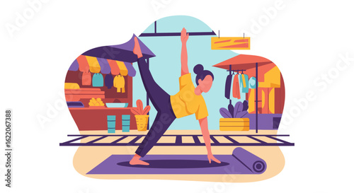Woman doing yoga in a vibrant marketplace setting - perfect for wellness and lifestyle blogs, brochures, or websites.