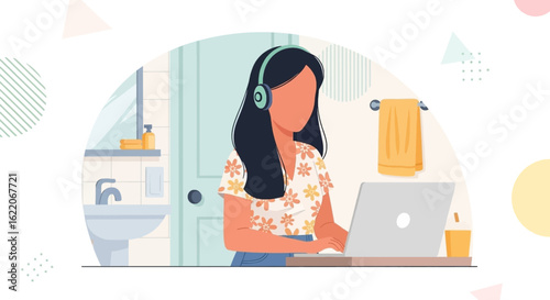 Woman working from home on laptop in bathroom, perfect for blog post or website illustration.
