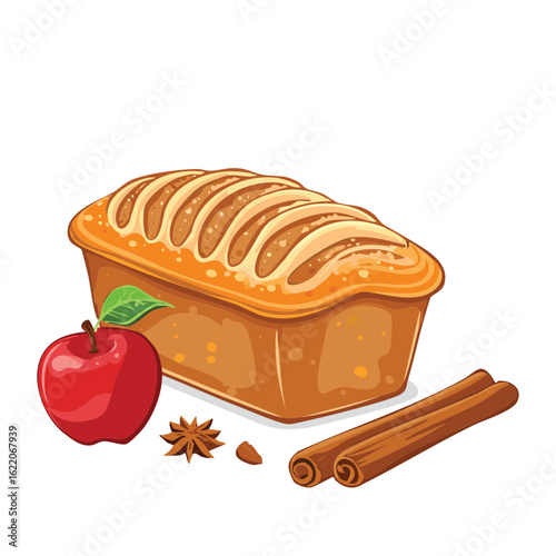 Baked Apple Pie Pastry with Cinnamon Stick Spices - Vector Illustration