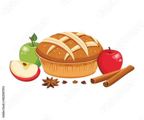 Delicious Freshly Baked Apple Tart with Spices - Vector Illustration