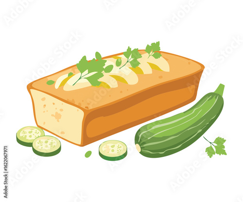 Long Zucchini Bread Loaf with Fresh Sliced - Vector Illustration