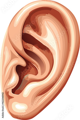 Detailed illustration of a human ear, showcasing its intricate anatomical structure and features.
