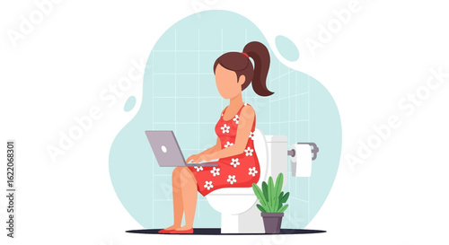 Woman working on laptop in bathroom - perfect for articles on work-life balance or remote work.
