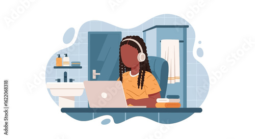 Young woman working on laptop in bathroom, perfect for blog post about remote work or work-life balance.