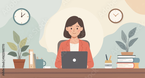 Smiling woman working on laptop at her desk, perfect for website banners or blog posts about remote work.