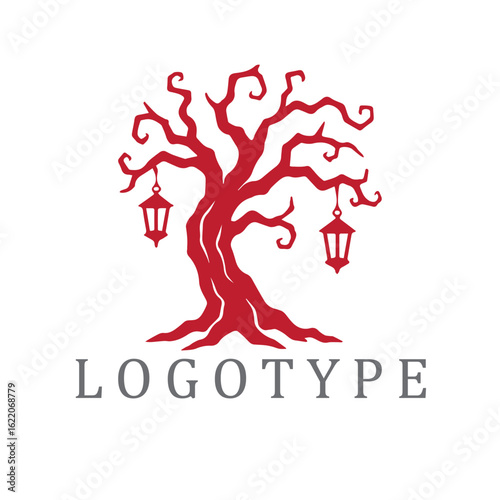 A creepy, twisted tree with dangling lanterns in a dark fairytale style. Silhouetted in red and white, it evokes mystery and eerie charm.