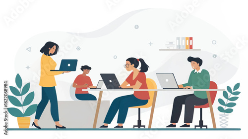 Team of diverse young professionals collaborating on laptops in a modern office setting. Ideal for website banners, business presentations, and marketing materials.