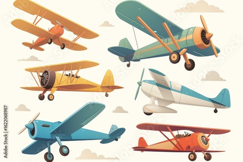 Aviation series featuring simplified airplane silhouettes including biplane, jet, and propeller plane with basic cockpit windows and wing markings at varied altitudes