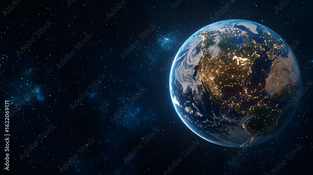Obraz premium An image shows the Earth in space, its surface illuminated, with city lights visible and a beautiful view of cloud formations, set against a backdrop of starry skies.
