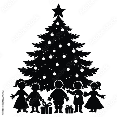 Children gathered around a decorated christmas tree with gifts holiday festive