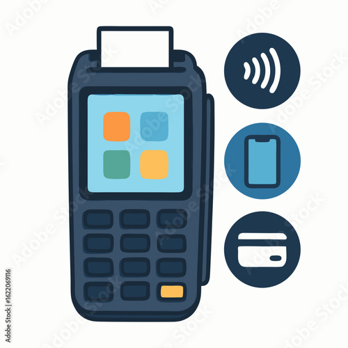 Modern payment terminal with contactless technology and credit card icons on screen