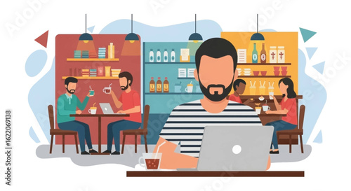People working and relaxing at a cafe, perfect for illustrating a blog post about coworking spaces or a coffee shop's website.