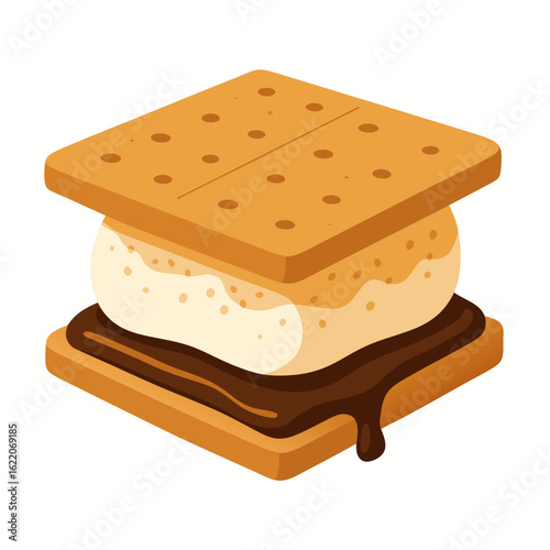 A delicious toasted s'mores with melted chocolate and marshmallow between graham crackers in a sweet treat graphic