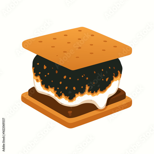 A toasted smores with burnt marshmallow on graham crackers isolated on white background