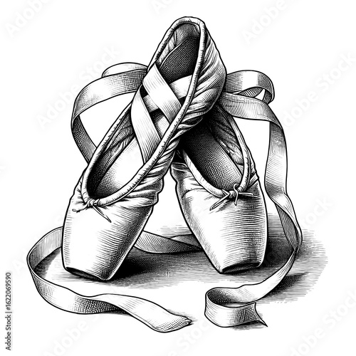 A pair of ballet shoes with ribbons, line sketch engraving, white background