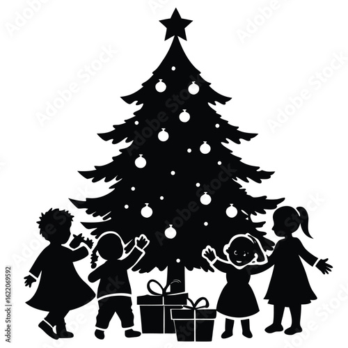 Children gathered around decorated christmas tree with presents gifts holiday