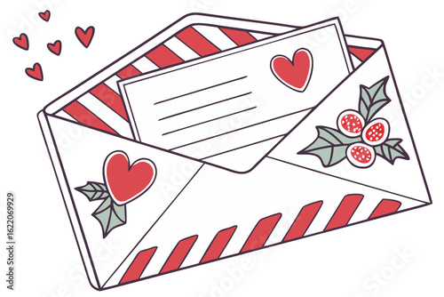 Festive holiday correspondence concept with a romantic love letter in an open envelope, adorned with red hearts and holly berries, isolated on white.